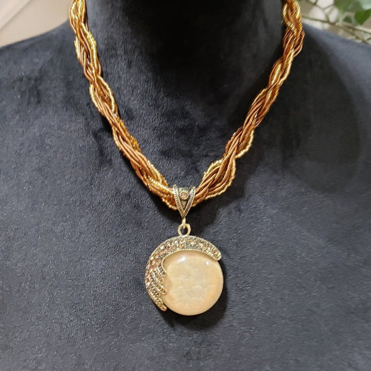 Womens Gold Tone Beaded Chain & Natural Stone Pendant Necklace w/ Lobster Clasp