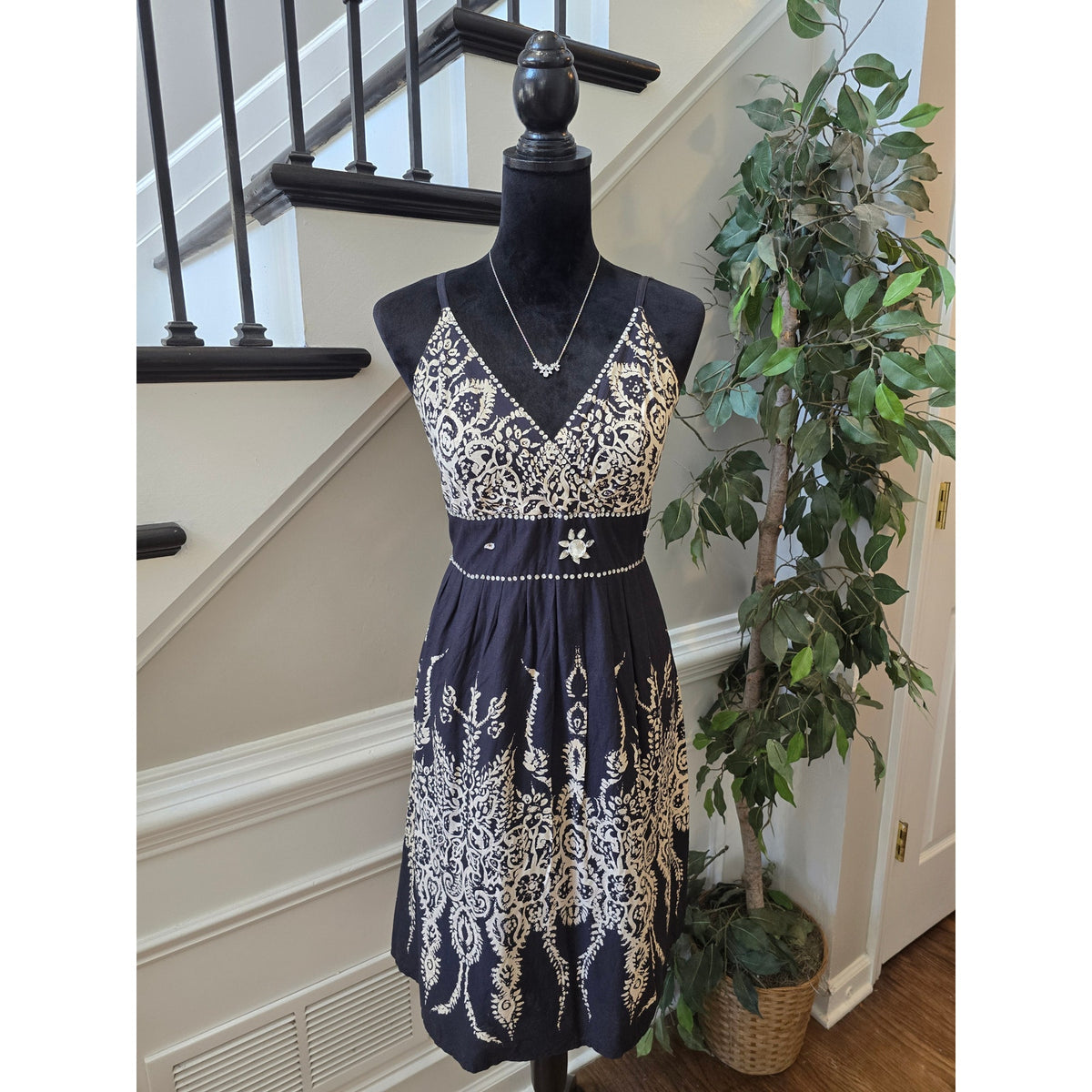 Cassee Mini Dress Women's SZ XL Black Damask Rhinestone Pleated Spaghetti Strap