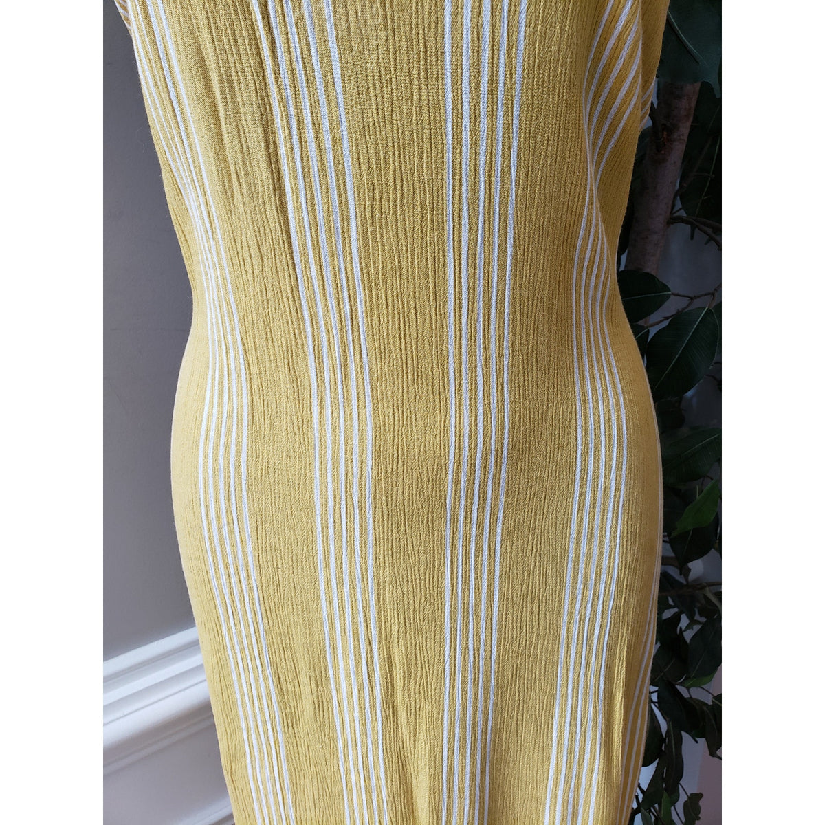 Forever21 Long Maxi Dress Women's S Yellow Striped Lurex Knit Adjustable Straps