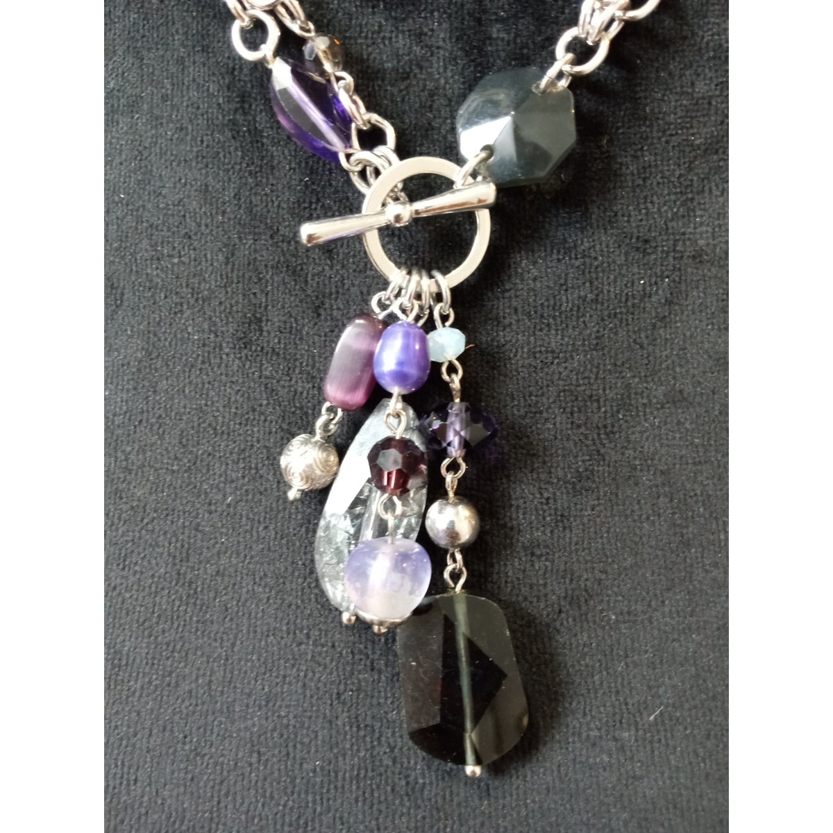 Black Purple Crystal Pendant Necklace Silver Tone Multi Chain Statement Necklace