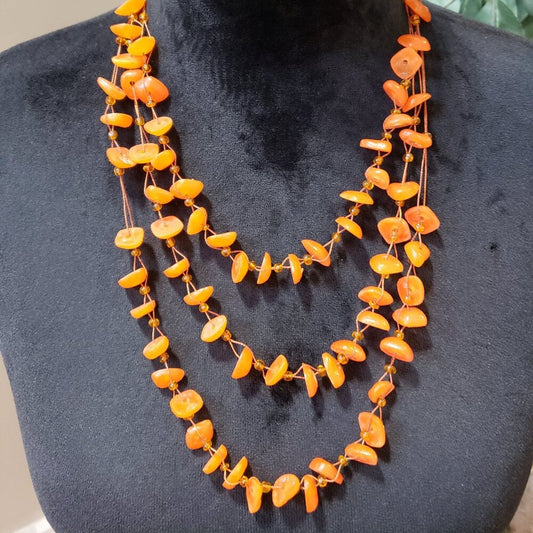 Women's Fashion Three Strand Orange Carnelian Gemstone Charm Necklace Jewelry