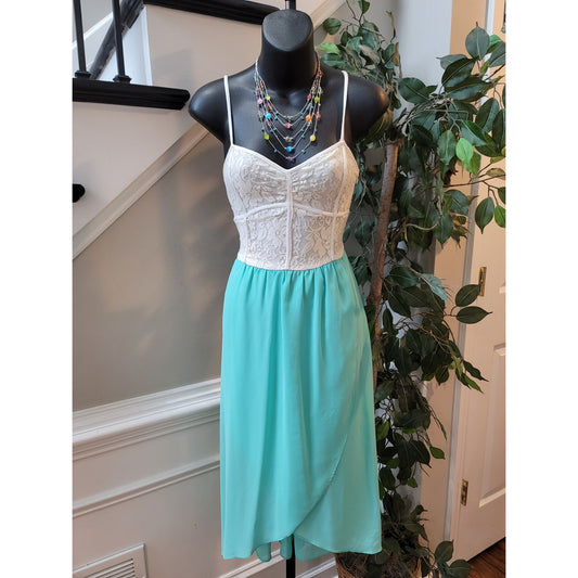 Papaya Dress Womens Medium White Lace Aqua Blue Chiffon Sleeveless Summer