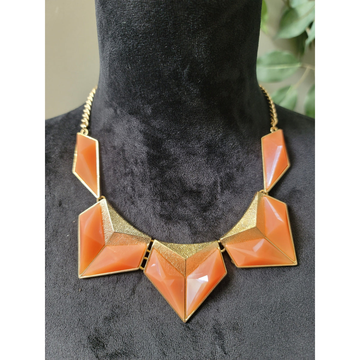 Women's Statement Necklace and Earrings Set Coral Orange Geometric Gold Tone