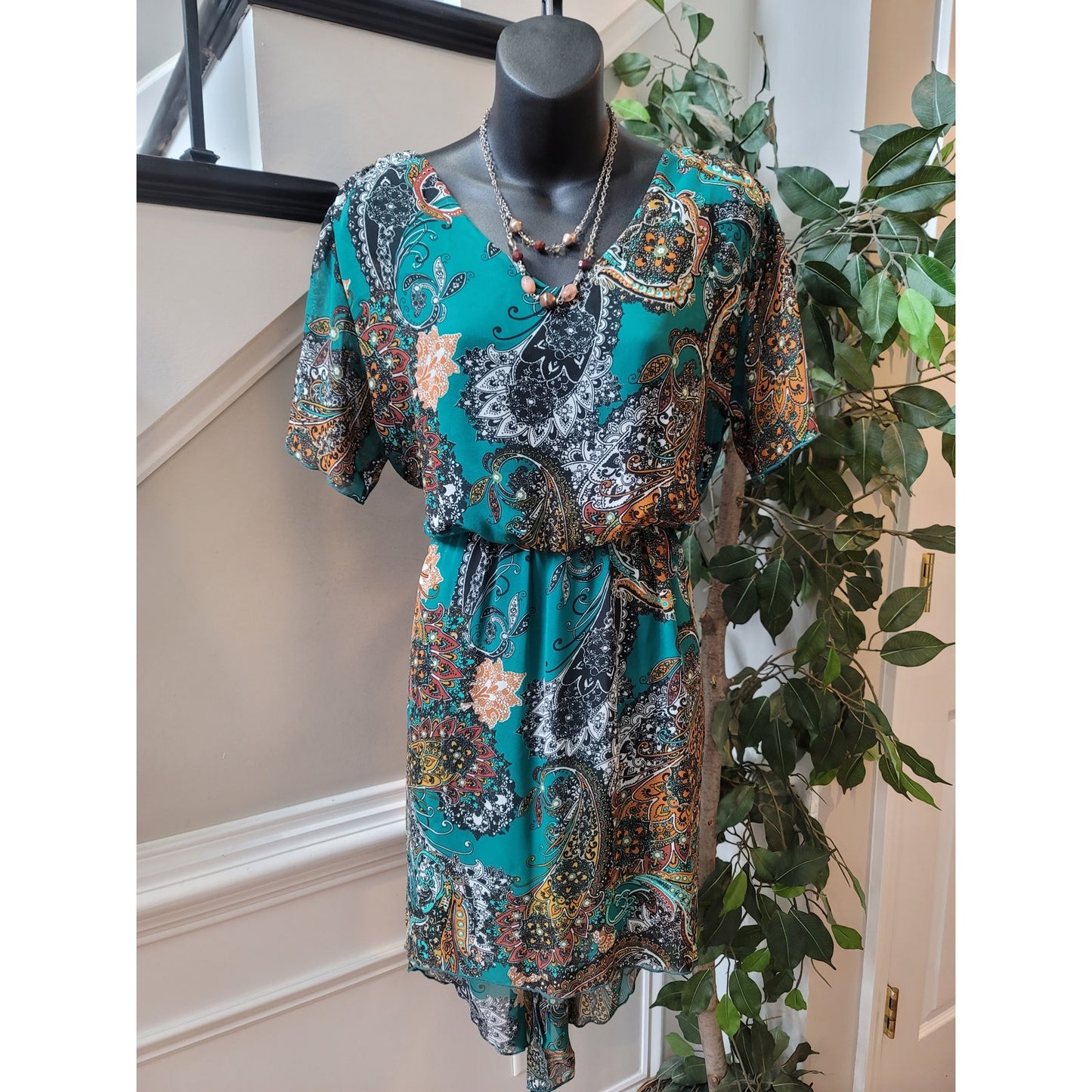 Sweet Storm Dress Womens Medium Teal Multicolor Paisley Boho Casual Lightweight