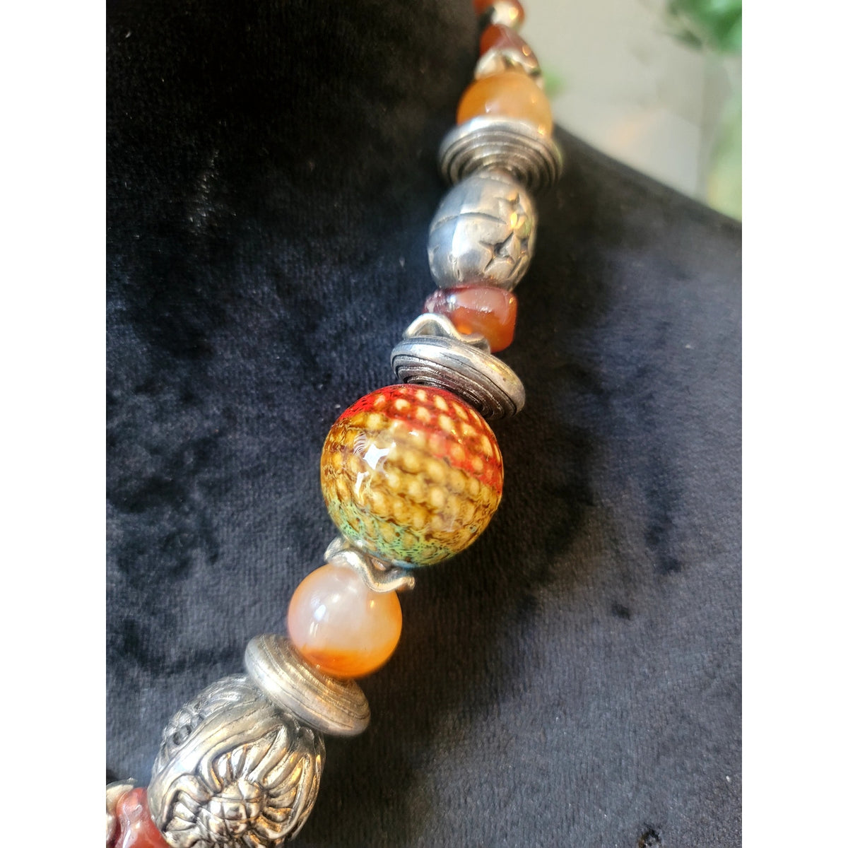 Southwestern Artisan Silver Tone Statement Necklace Multicolor Ceramic Beads