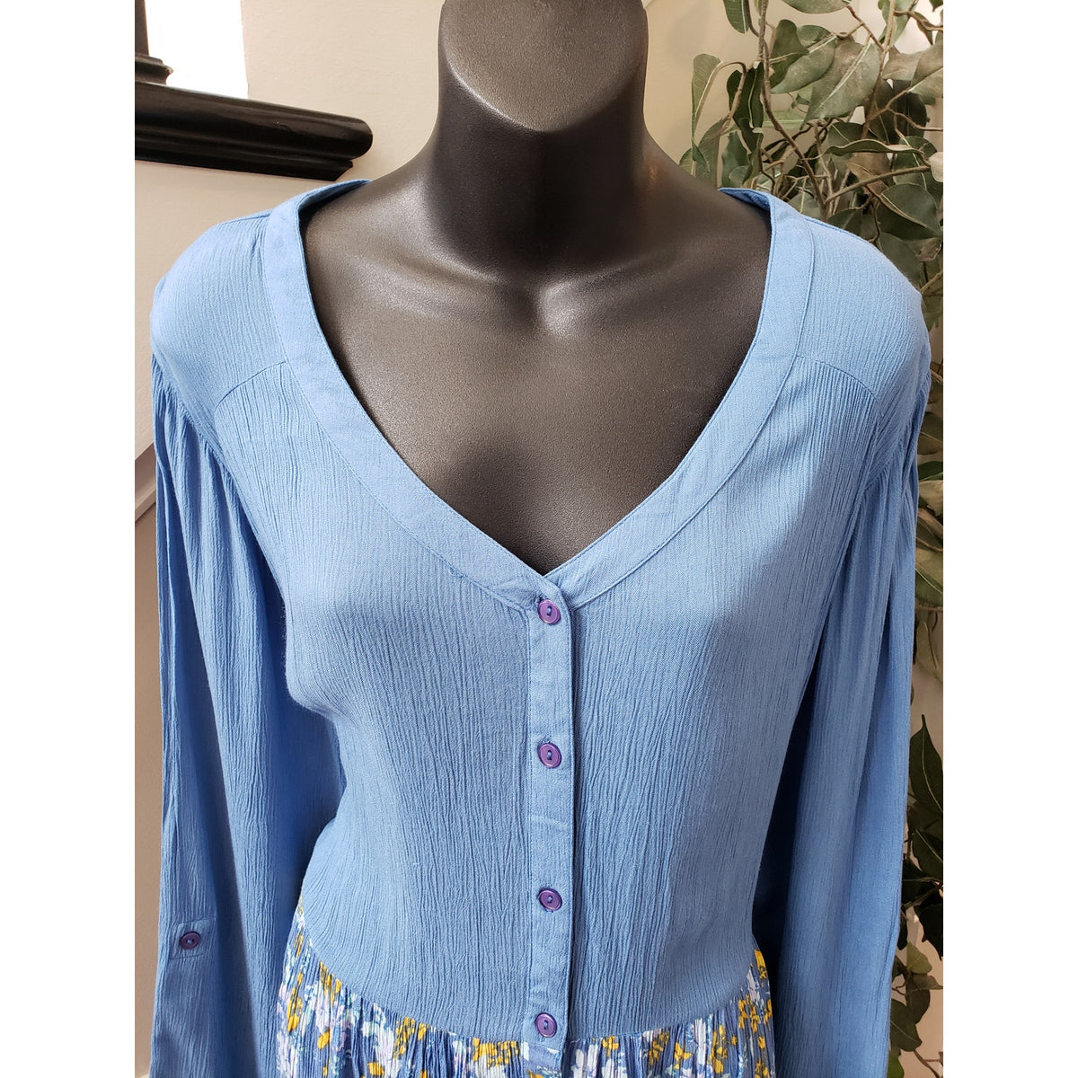 Woman Within Maxi Dress Womens 22W Blue Floral Rayon Long Sleeve Boho Style