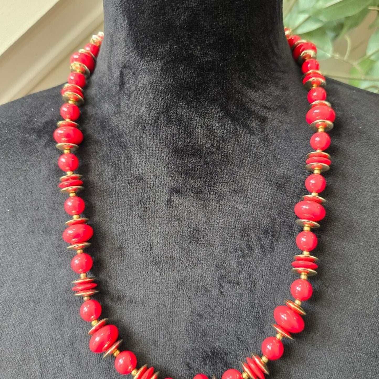 Womens Red Lucite Bead Gold Accents Single Strand Collar Necklace w/ Spring Ring