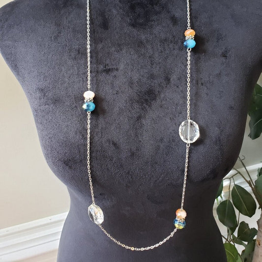 Womens Clear & Blue Crystal Beads Silver Tone Chain Long Necklace Lobster Clasp