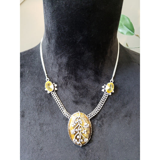 Women's Yellow Gem Pendant Necklace Ornate Chain Hook Clasp