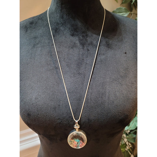 Women’s Long Pendant Necklace With Round Glass Locket And Multicolor Crystals
