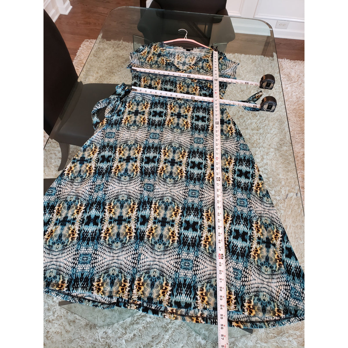 Ashley Stewart Maxi Dress Women XL Blue Black Snake Print Stretch Wrap Belted