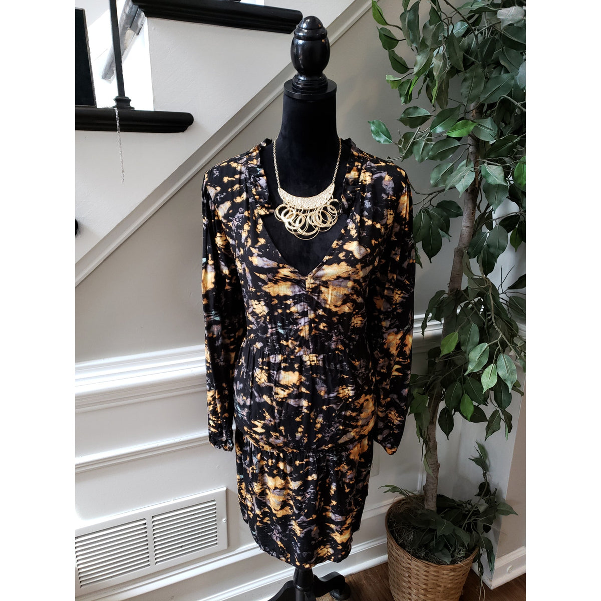Women's True Craft Black Tie Dye Long Sleeve Dress Size 1X Rayon Fall Style