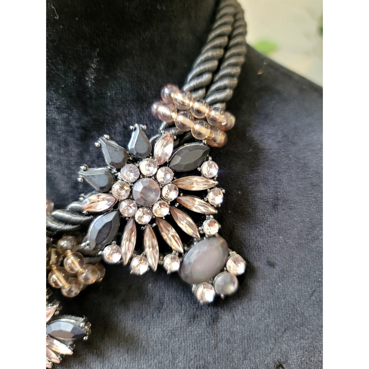 Black Gray Crystal Floral Statement Necklace Chunky Bib Rhinestone Glam Jewelry