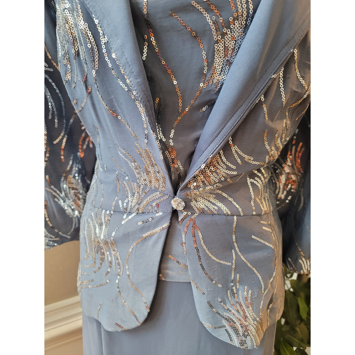 Alex Evenings Skirt Suit Women's SZ 18 Slate Blue Sequin Square Neck Back Zipper