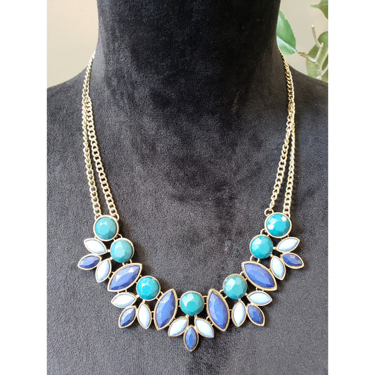 Women's Blue Teal Statement Necklace Lobster Clasp Gold Tone Floral Design