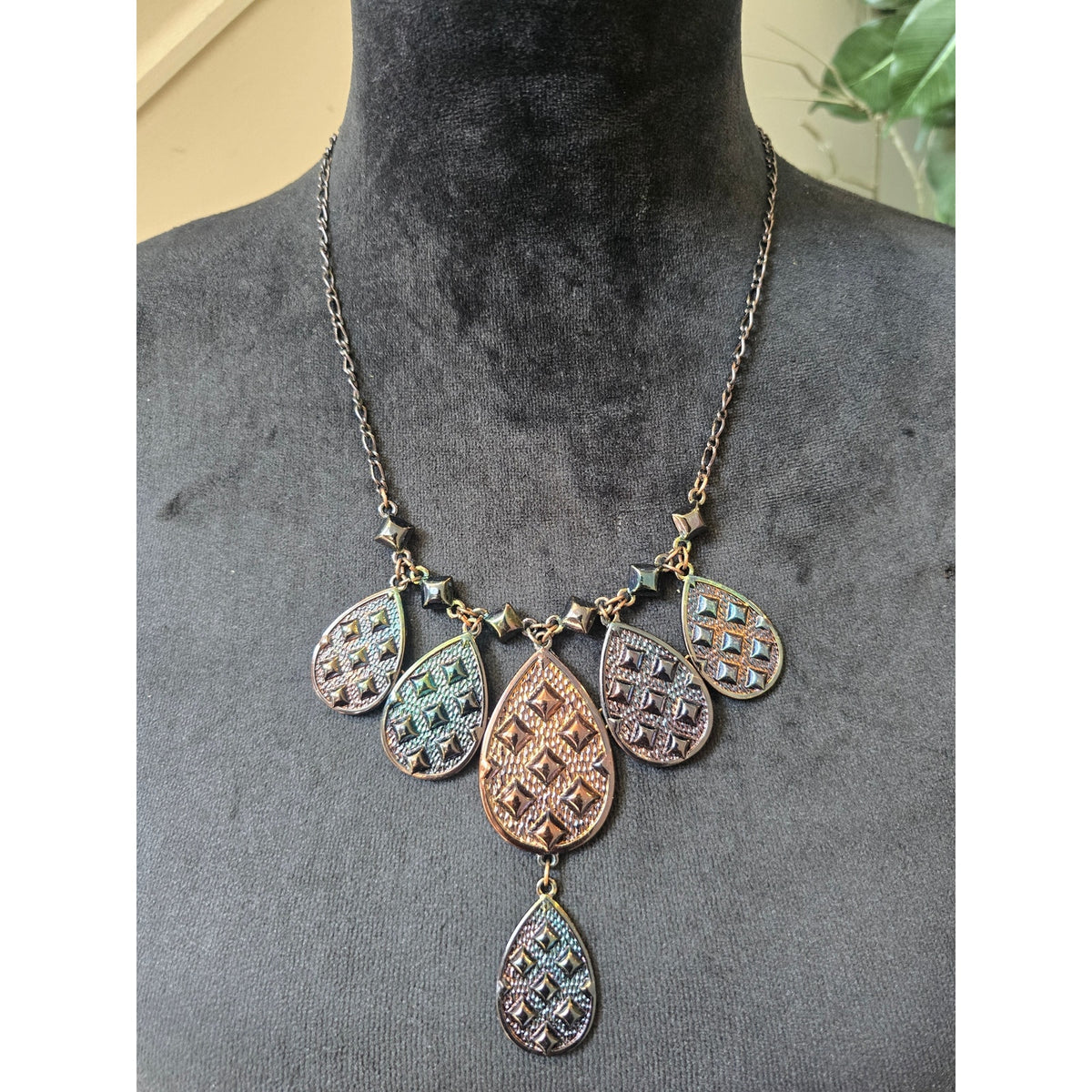 Antique Gold Tone Multicolor Teardrop Filigree Statement Necklace