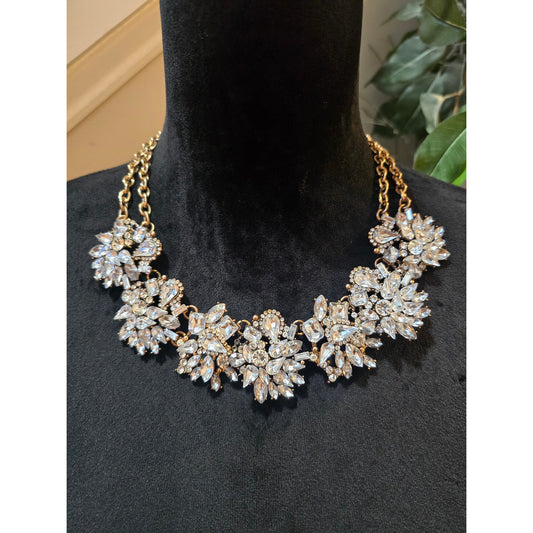 Aldo Women's Gold Tone Crystal Statement Necklace Bib Style Rhinestone Cluster