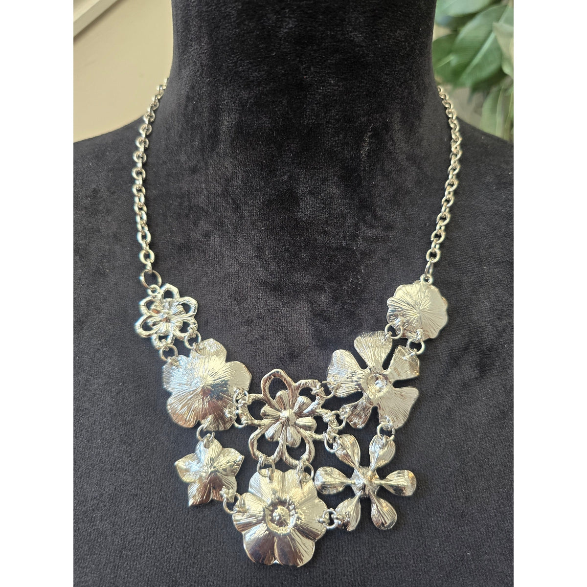 Blue Turquoise Enamel Floral Flower Cluster Silver Tone Bib Necklace