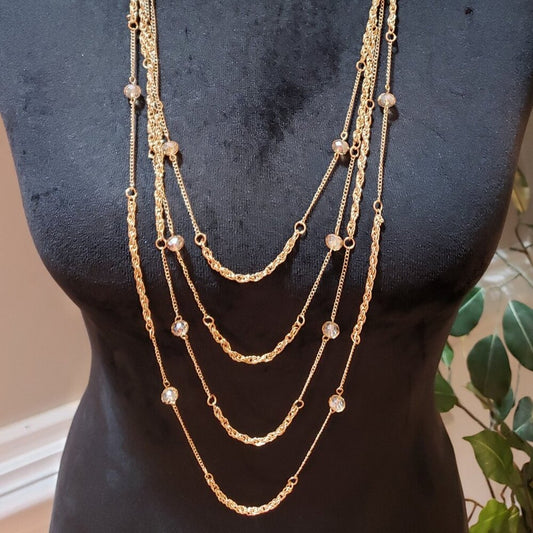 Womens Gold Tone Multilayered Round Cut Crystal Sweater Chains Necklace Lobster