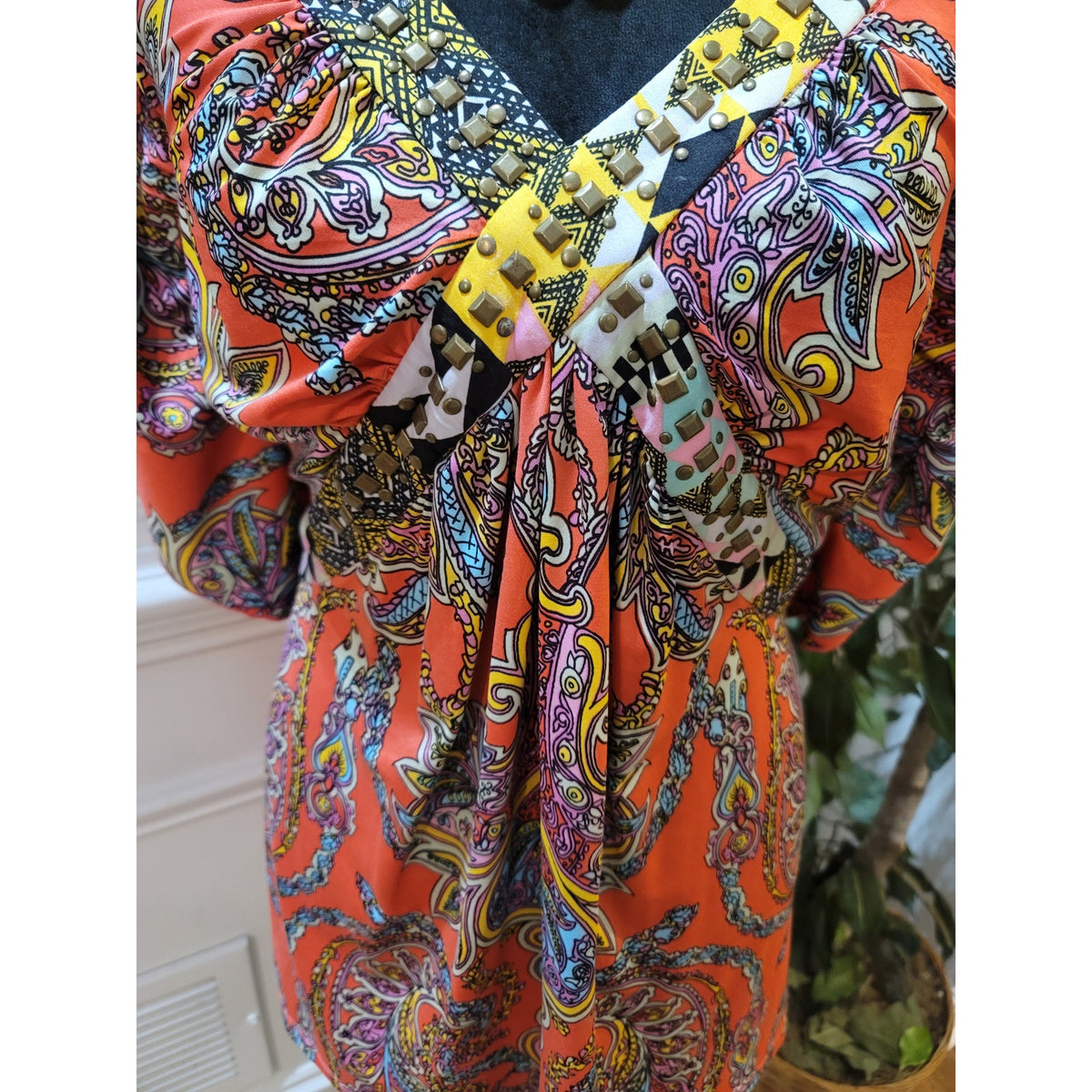 One World Blouse Top Womens SZ 2X Multicolor Paisley Empire Waist Pleated V-Neck