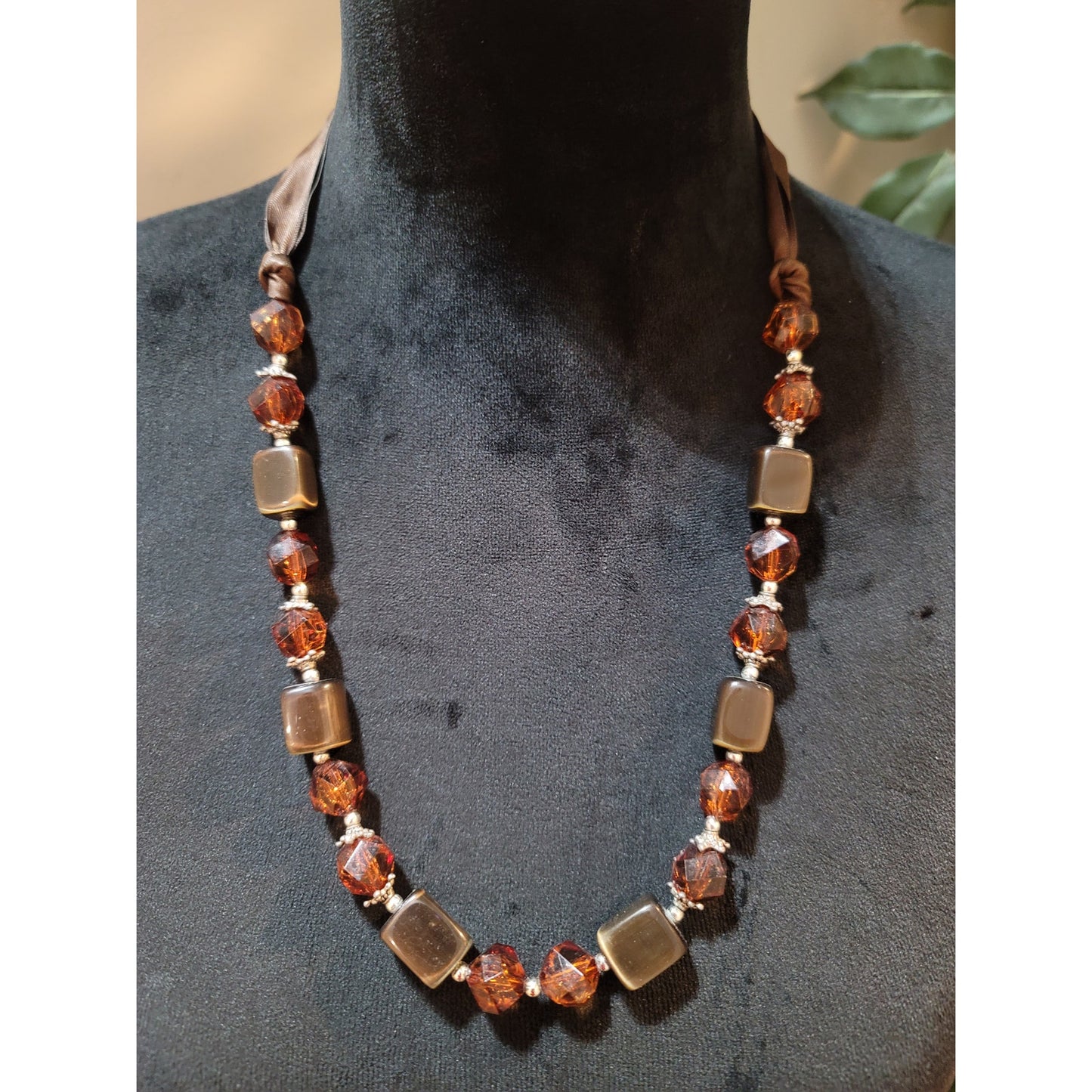 Women's Brown Ribbon Tie Beaded Necklace With Amber Crystal And Square Beads