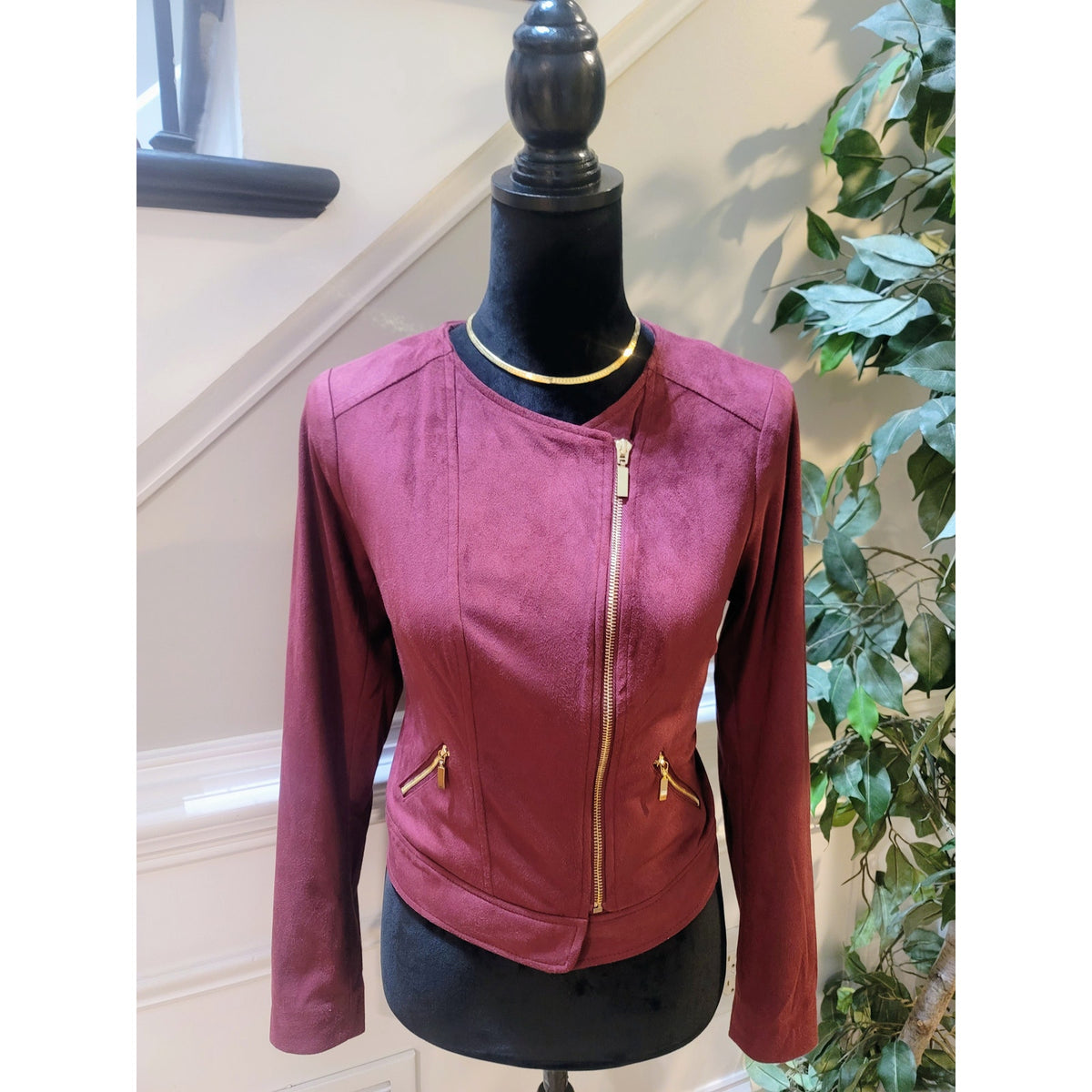 Thalia Sodi Moto Jacket Women's SZ XS Burgundy Asymmetrical Zip Long Sleeve