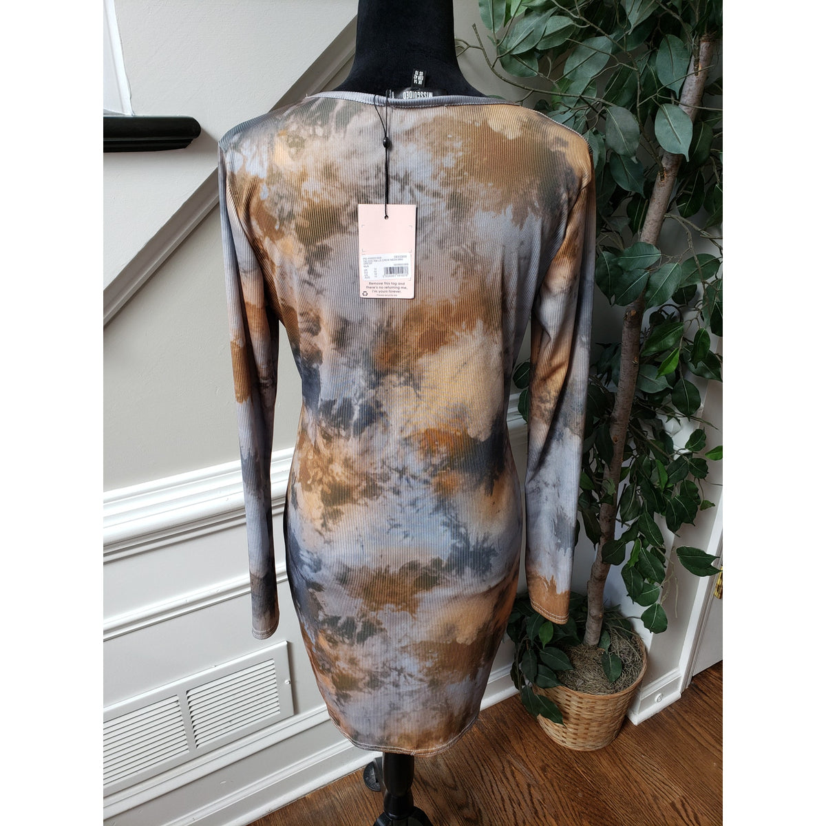 Missguided Mini Dress Women's Size 10 Multi Long Sleeve Tie Dye Rib Ls Crew Neck