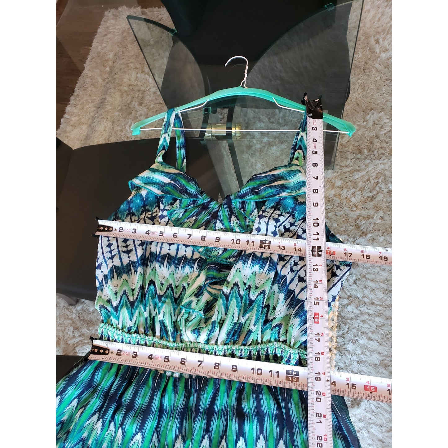Faded Glory Long Maxi Dress Women 2X Green & Blue Ruffle Strap V-Neck Sleeveless