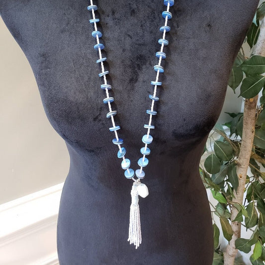 Womens Fashion Blue Sead Beaded Fringers Pendant Necklace with Lobster Clasp