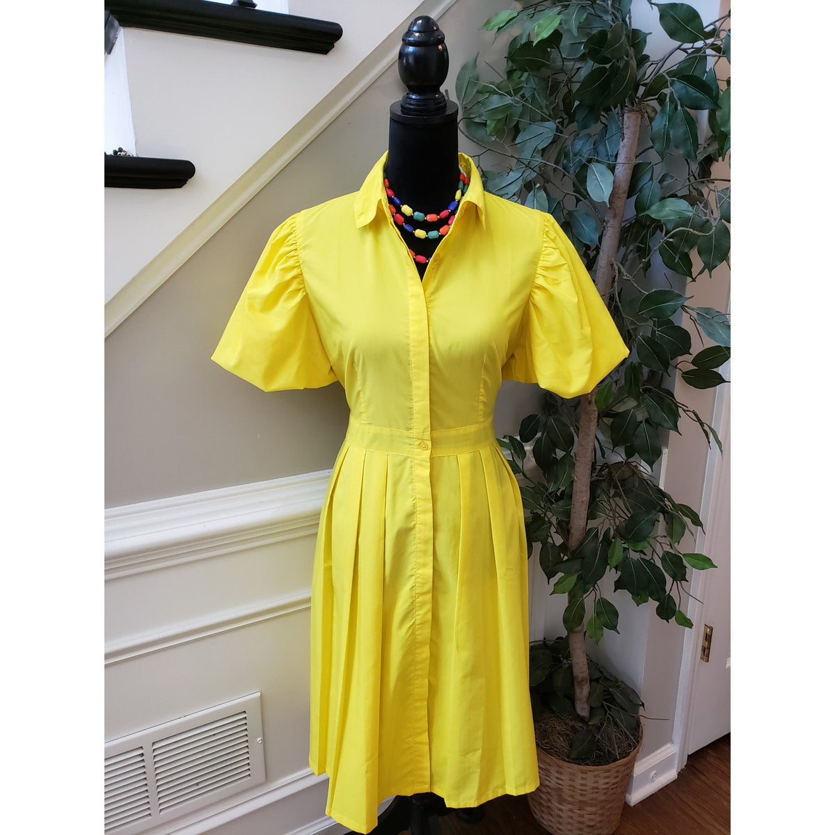 True Destiny A Line Shirt Dress Women's Large Yellow Puff Sleeve Button Down