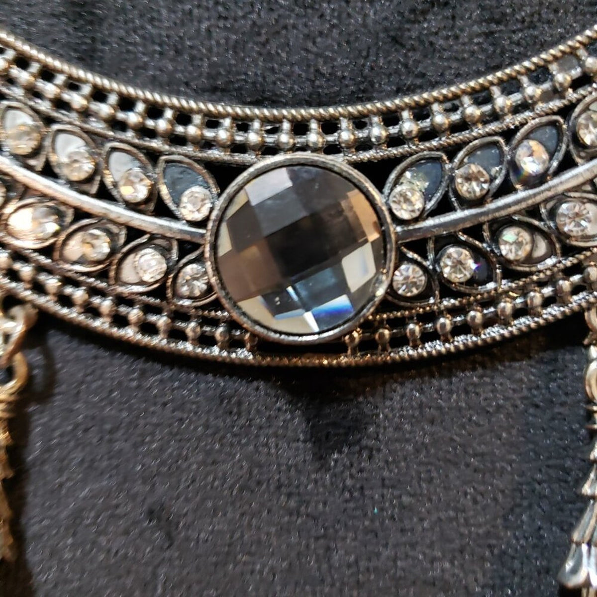 Womens Rhinestone Moon Shape Silver Tone Statement Necklace with Lobster Clasp