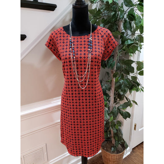 Merona Women Orange & Blue Polyester Round Neck Short Sleeve Knee Length Dress M