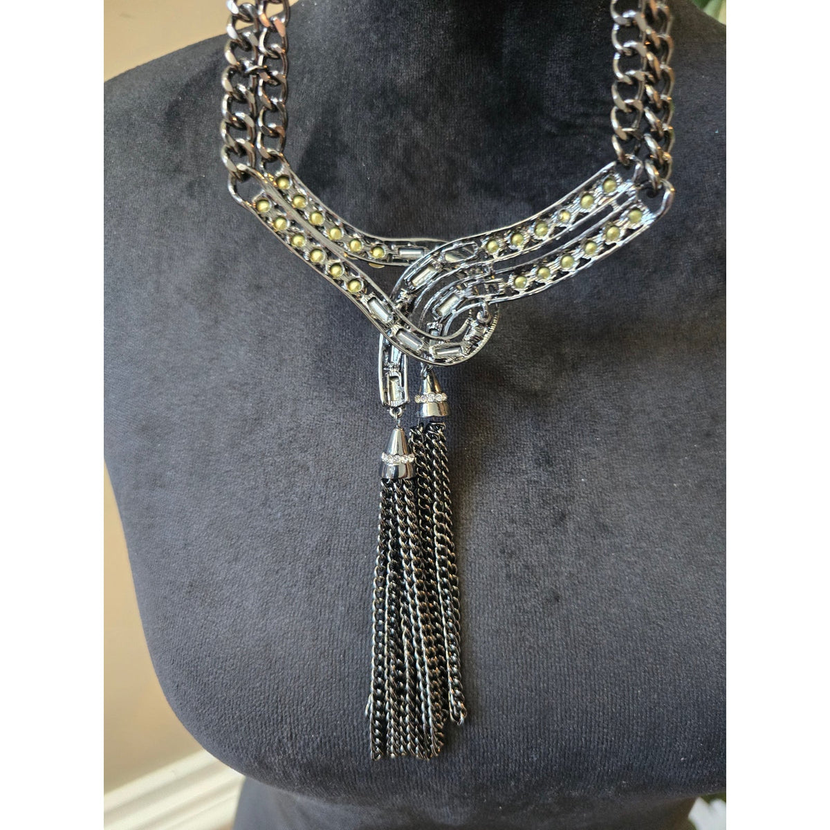 Jio Gunmetal Tone Tassel Chain Rhinestones Accent Statement Necklace for Womens