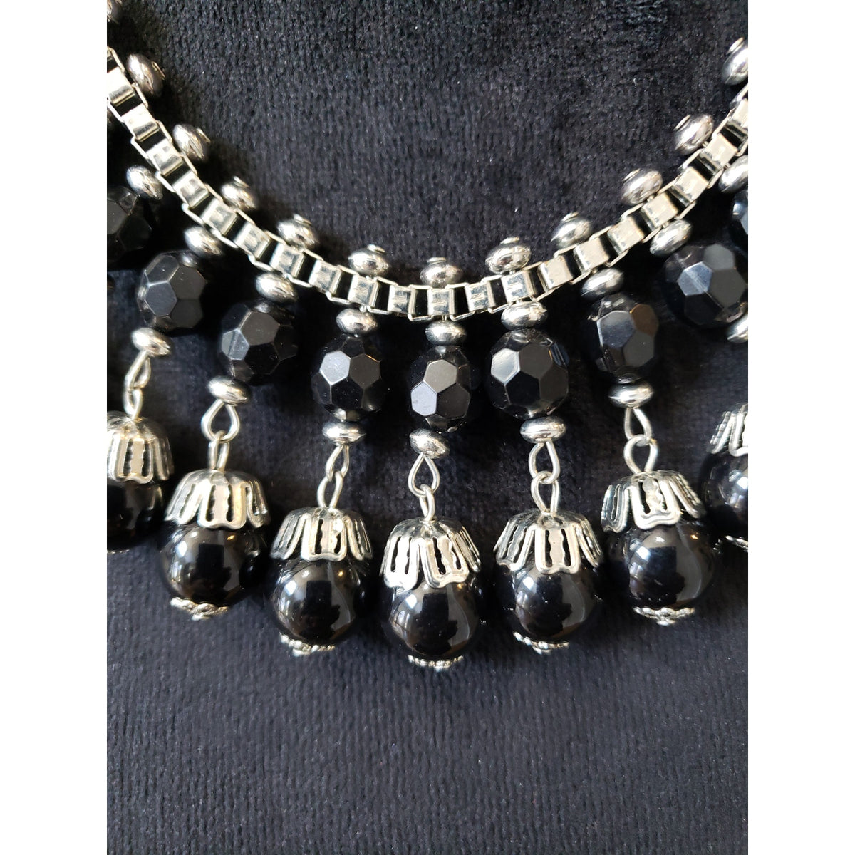 Vintage Black Beaded Necklace Silver Tone Statement with Faceted Drops