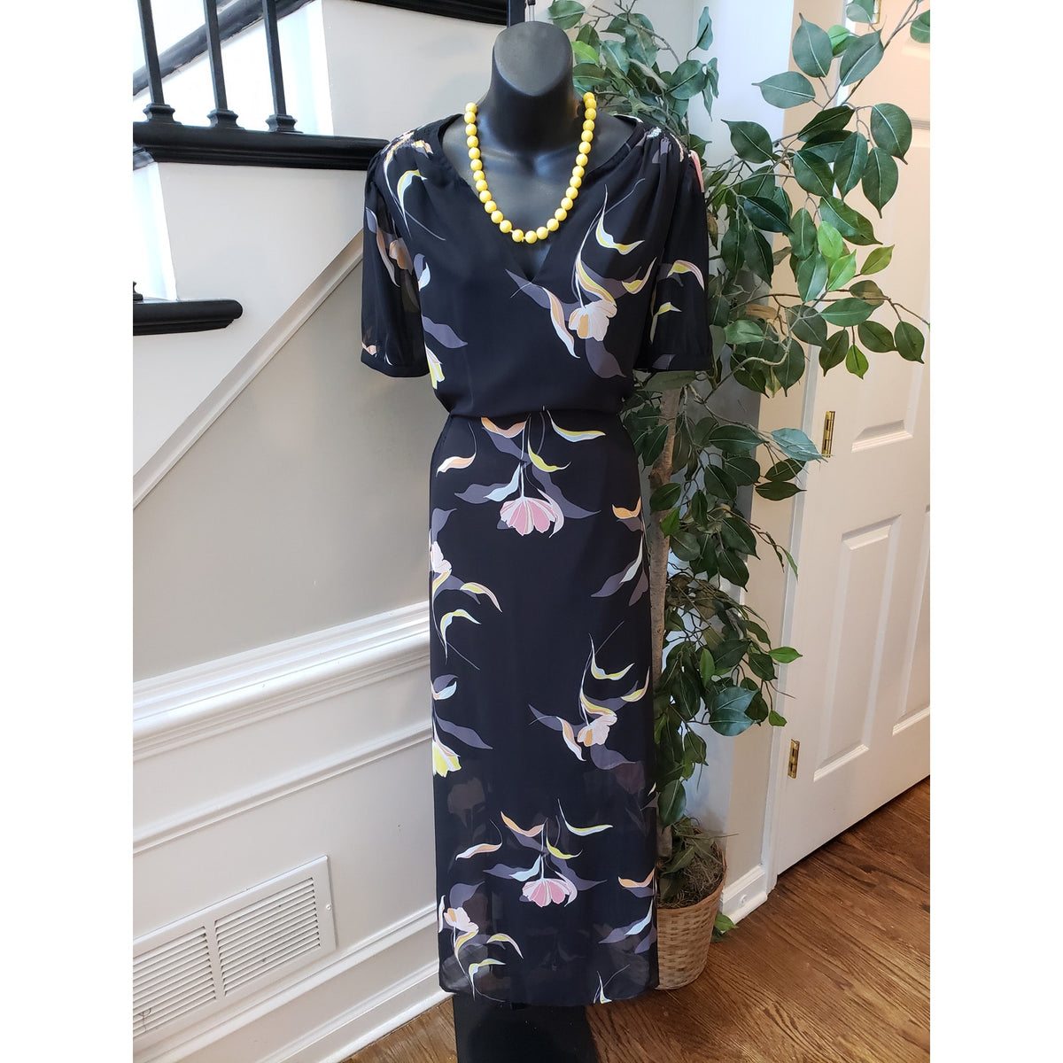 A New Day Long Maxi Dress Womens XL Black Floral Sheer Lined Short Sleeve V Neck
