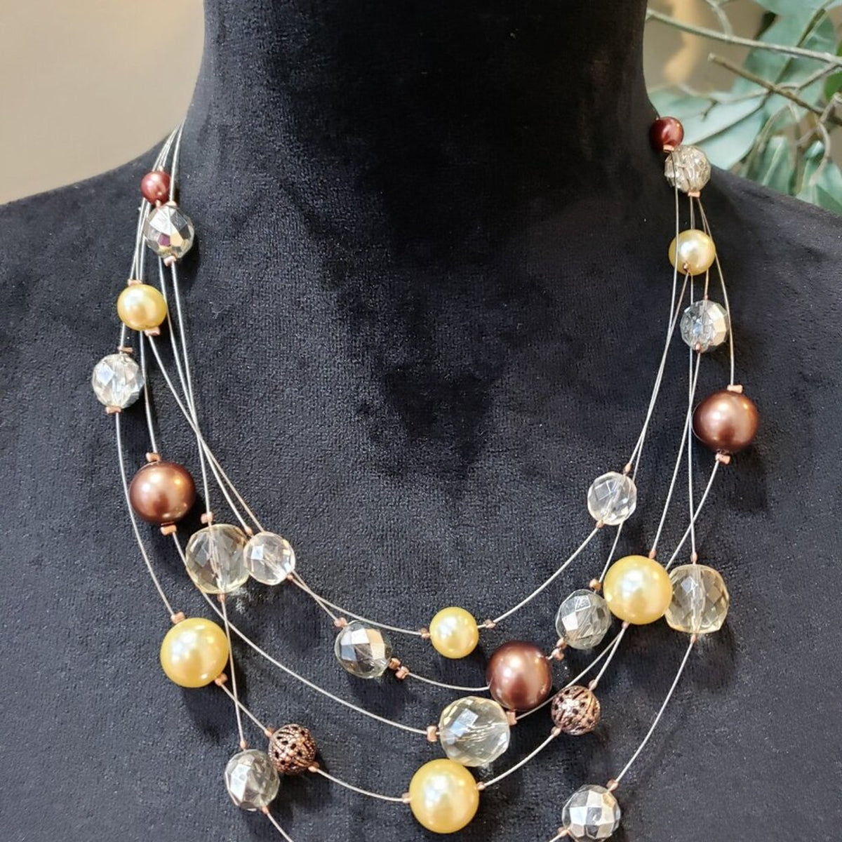 Women's Multi Strands Floating Faux Pearls Crystals & Balls Necklace Jewelry