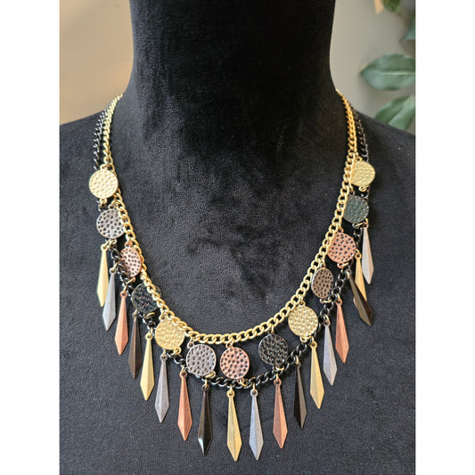 Women's Multicolor Dangle Necklace with Textured Discs and Long Charms
