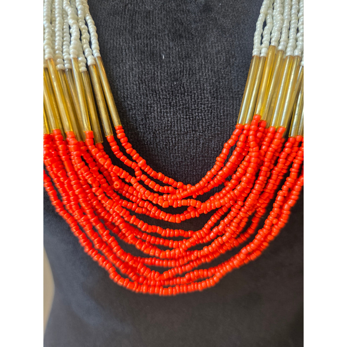 Red White Brown Multi Strand Seed Bead Long Statement Necklace