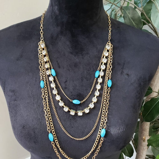Womens Gold Tone Multi Strand Chains Rhinestone Turquoise Necklace Lobster Clasp