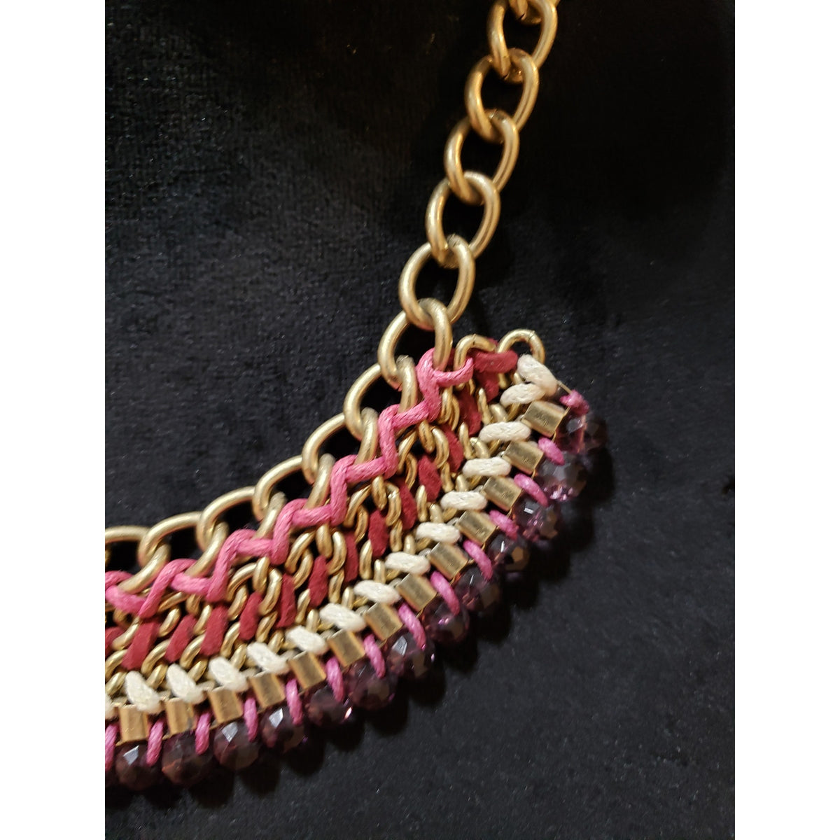 Womens Fashion Gold Tone Threads & Metal Chain Woven Braided Statement Necklace