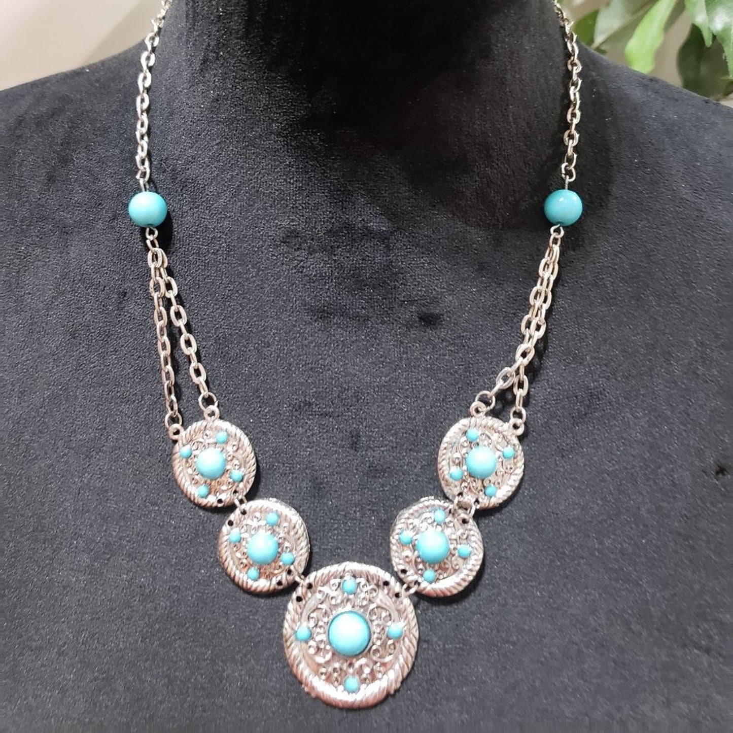 Womens Boho Style Faux Turquoise Stone Marcasite Medallions Statement Necklace