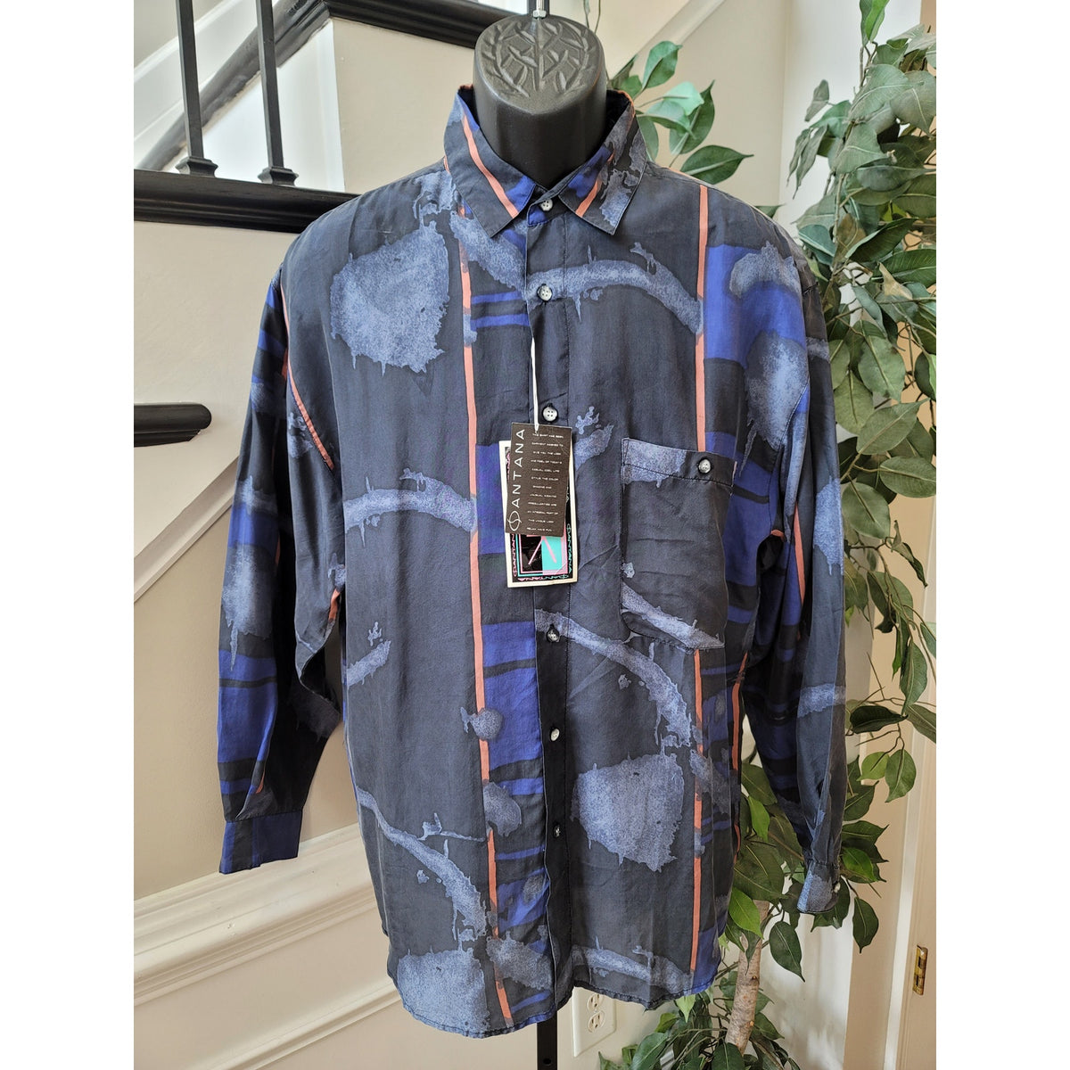 Rare Santana Button Up Shirt Men Large Navy Blue 100% Slik Long Sleeves Collared