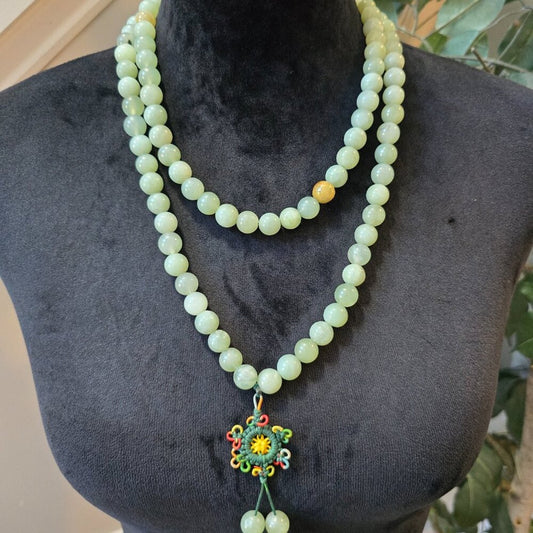 Womens Fashion Green Okenite Round Bead Mala Necklace Mantra Chant