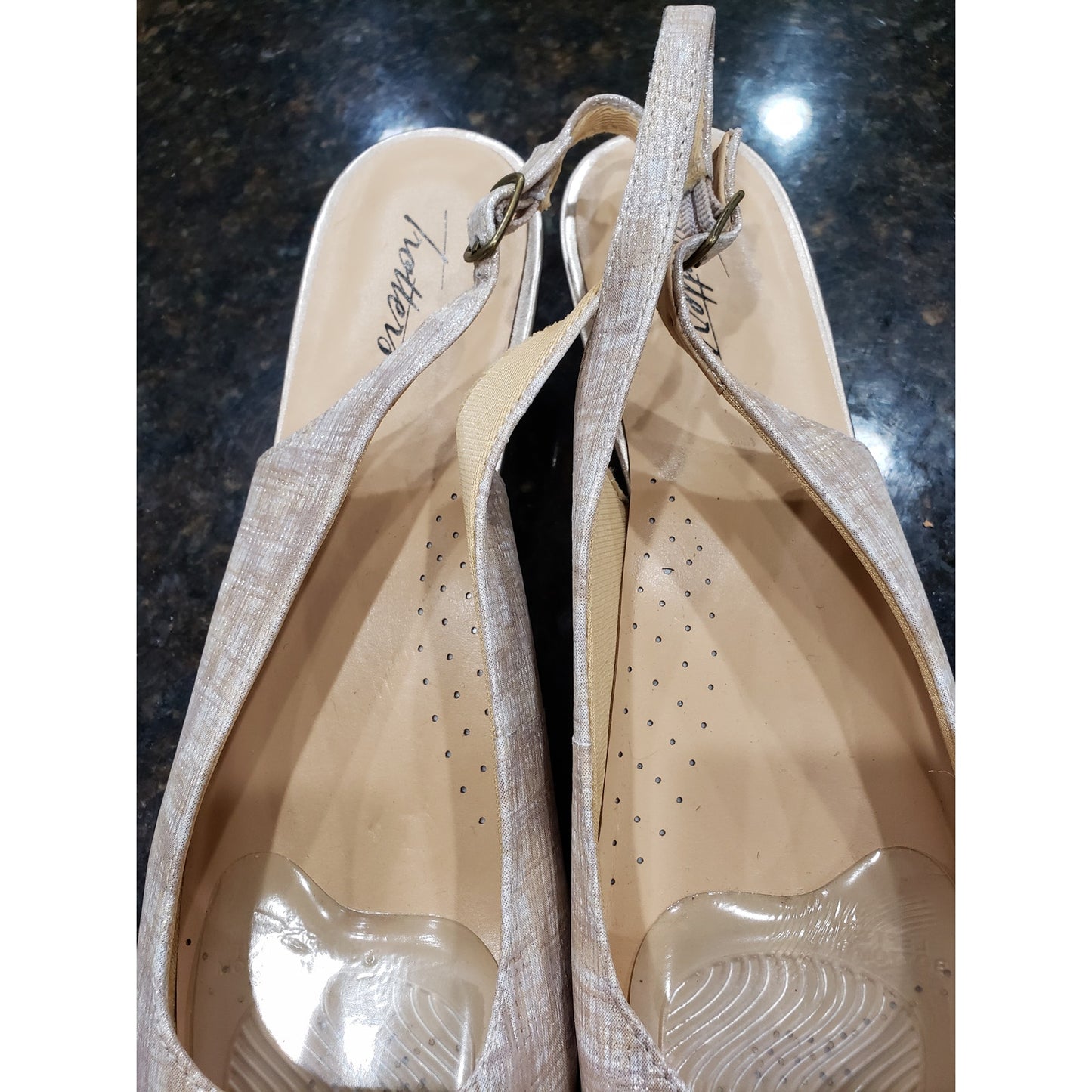 Trotters Lenore Pump Women Beige Leather Wedge Heel Adjustable Strap Buckle 12N