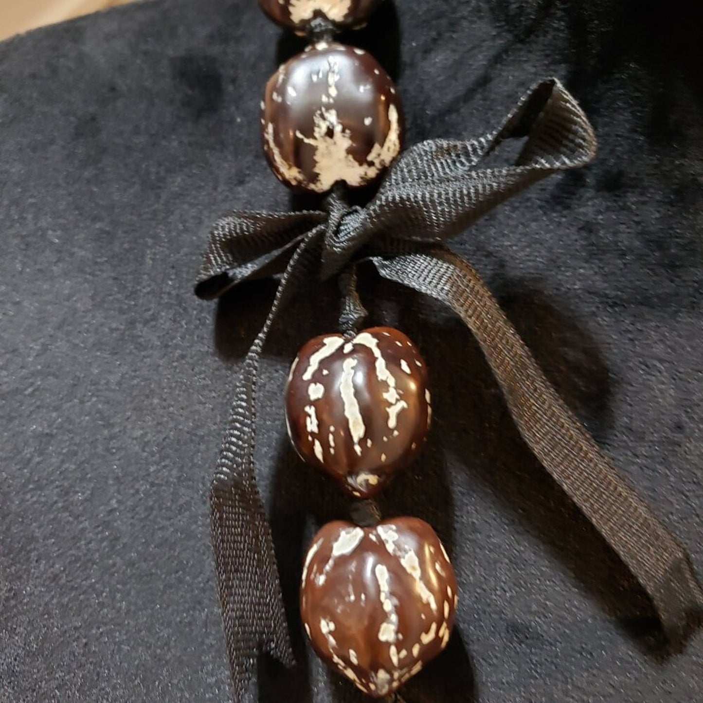Women Fashion Brown Lumbang Kukui Nut Seed Collar Necklace with Lei Ribbon Clasp