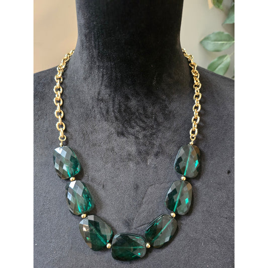 Women's Emerald Green Faceted Bead Necklace with Gold Chain and Lobster Clasp
