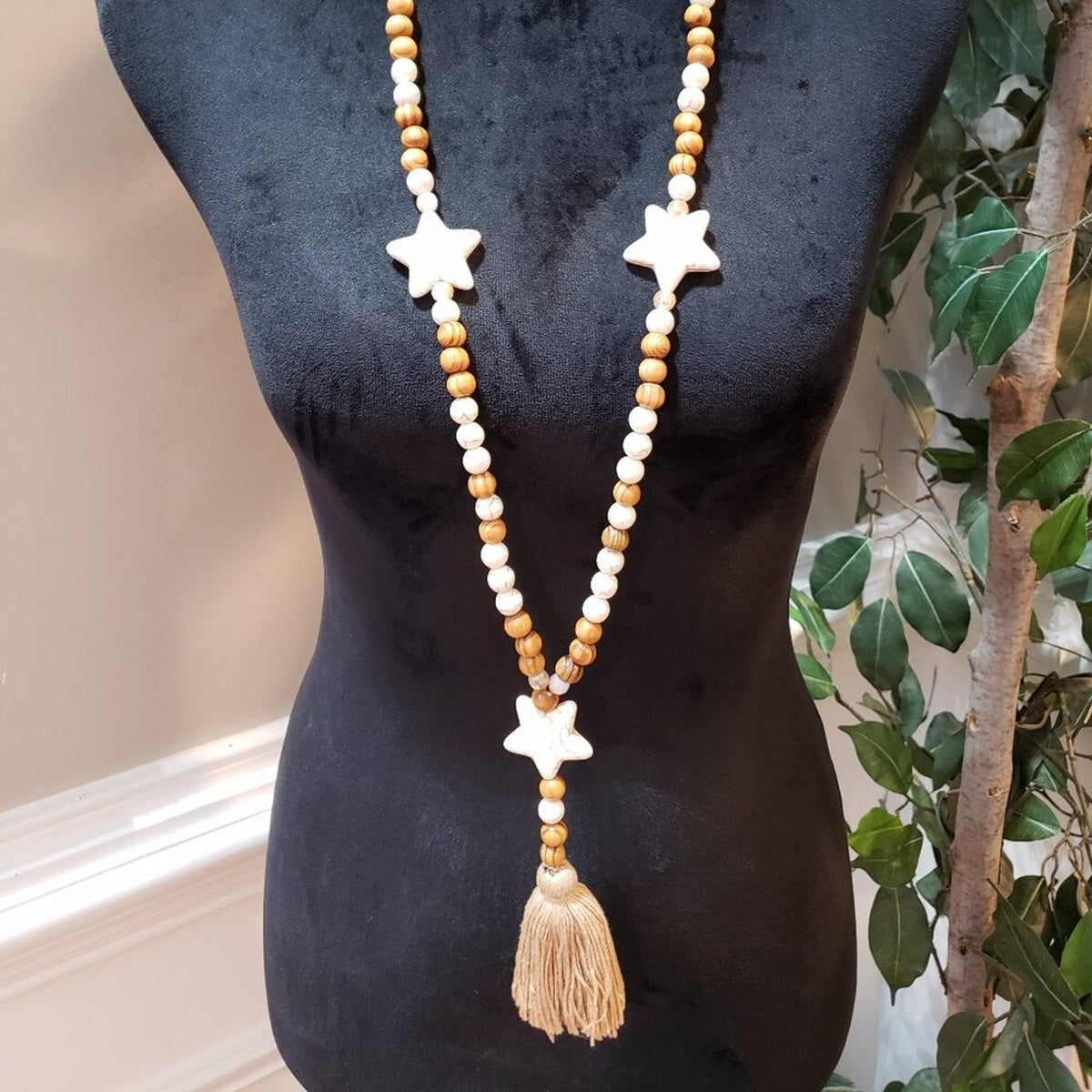 Womens Fashion White Stars Wooden Round Beads Tassel Necklace with Lobster Clasp