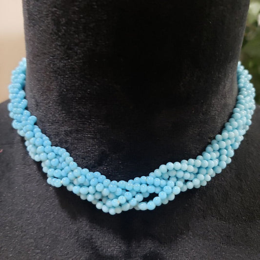 Womens Fashion Blue Amazonite Bead Twisted Choker Necklace with Earrings