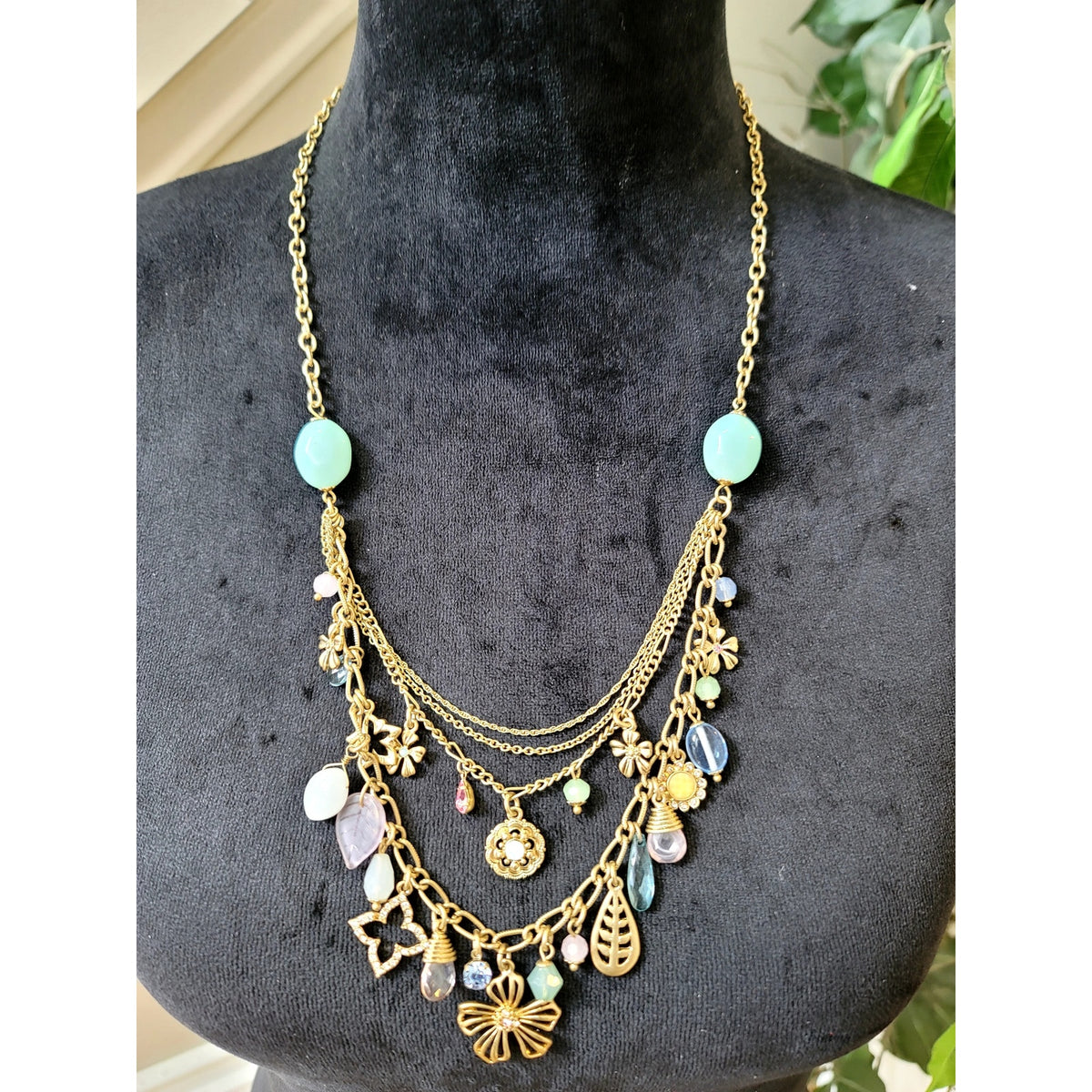 Gold Tone Multi Strand Charm Statement Necklace Butterfly Floral Boho Jewelry