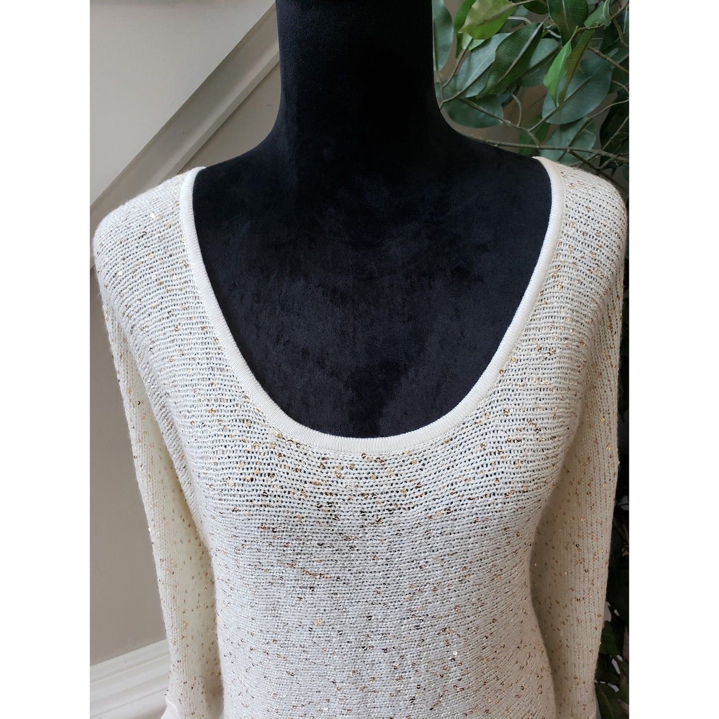 Ashley Stewart Tunic Sweater Women 18/20 White Sequin Open Knit Scoop Neck